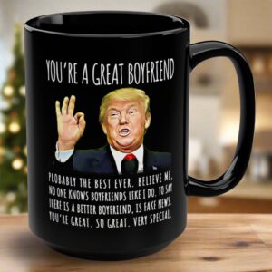 Close-up of the you're a great boyfriend mug featuring a bold design on a black background.