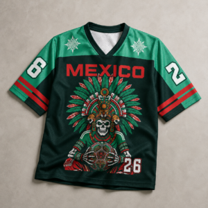 Front view of the Always united, Always Aztecas mesh jersey in dark green with vibrant Mexico design.