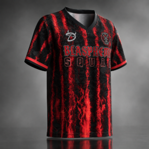 Front view of the Blasphemy Squad Mesh Jersey in black and red with bold graphic design.