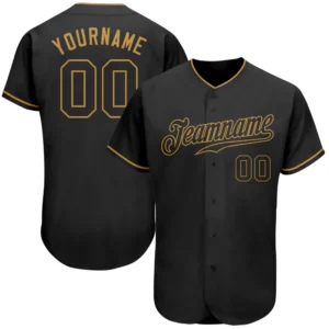 Front view of the black gold authentic baseball jersey with team name and number printed in gold.