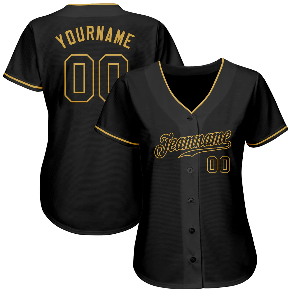 Black Gold Authentic Baseball Jersey Close-up detail of the black gold authentic baseball jersey highlighting the gold trim and stitching.