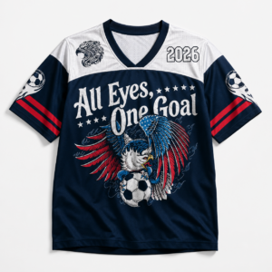 Front view of the All Eyes One Goal mesh jersey in navy with vibrant eagle design and red stripes.