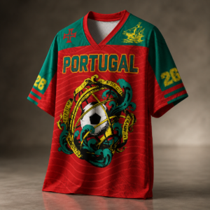Front view of the personalized armillary sphere Portugal mesh jersey showcasing vibrant red and green colors.