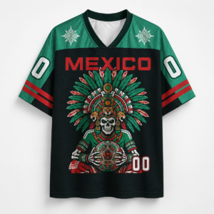 Front view of personalized aztec warrior mesh jersey featuring vibrant green and black colors.