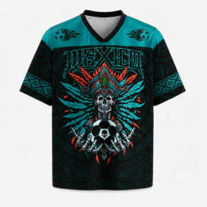Front view of the Mexico Aztec mesh jersey featuring vibrant colors and intricate designs.