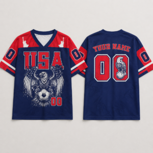Front view of the personalized bald eagle mesh jersey in navy with USA graphic and red sleeves.