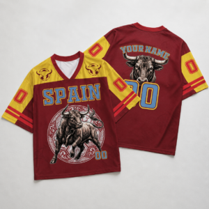 Front view of personalized bull mesh jersey in red with yellow sleeves and bull graphic.