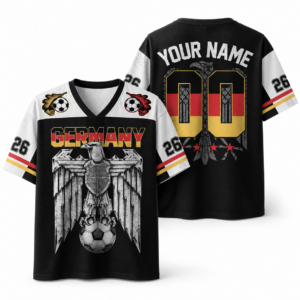 Front view of the bundesadler mesh jersey featuring a bold Germany graphic in black and red.