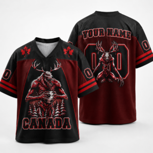 Front view of the personalized Canada Wendigo mesh jersey showcasing vibrant red and black colors.