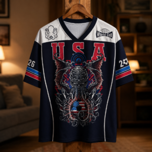 Front view of the personalized Eagle of Cthulhu USA mesh jersey featuring intricate designs and vibrant colors.