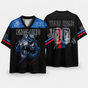 Front view of the personalized England lion mesh jersey featuring vibrant blue and black colors.