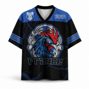 Personalized Gallic Rooster Mesh Jersey in black with vibrant rooster graphic on the front.