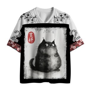 Front view of the auspicious fluffy black cat ink painting jersey featuring bold cat art and floral accents.