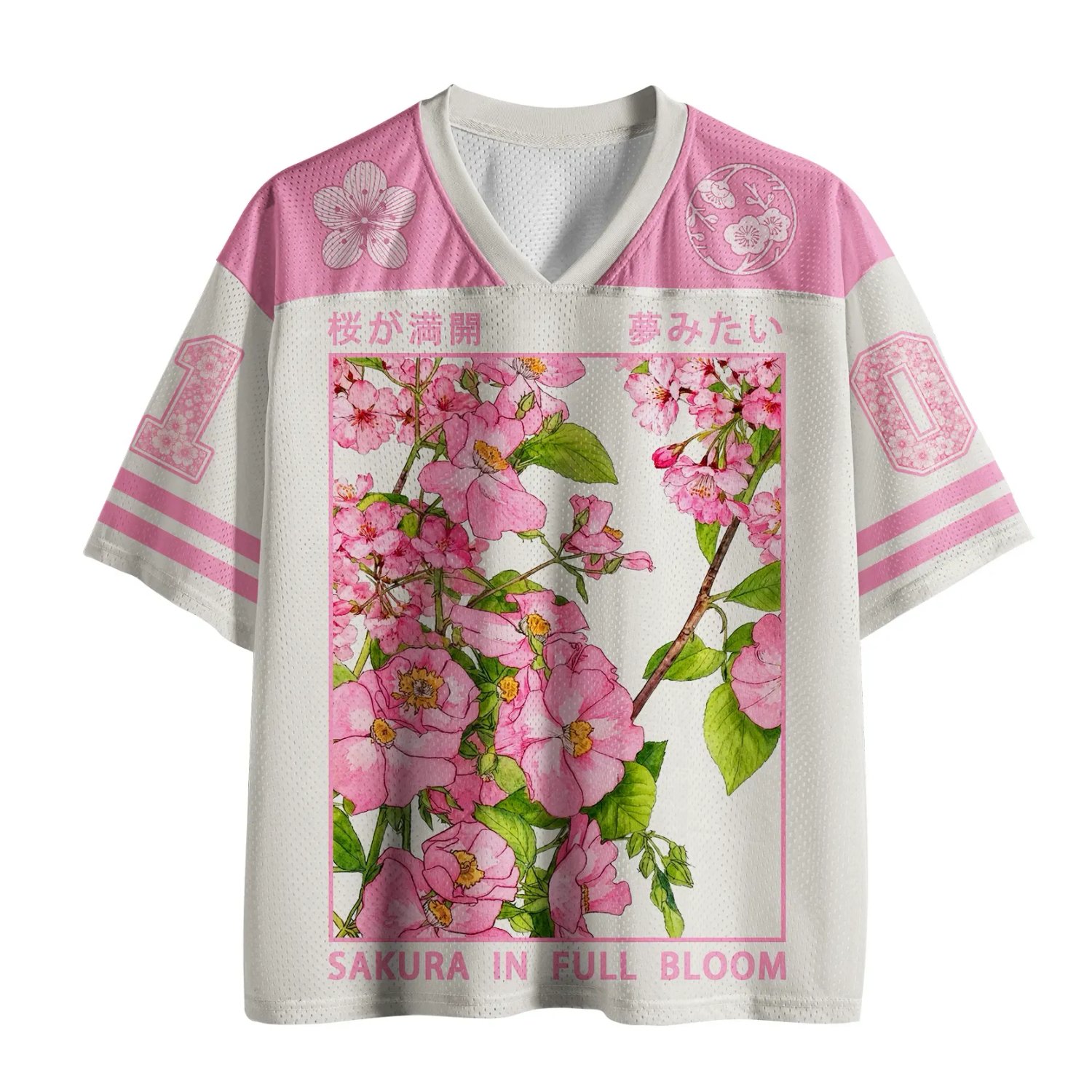 Sakura In Full Bloom Mesh Jersey Front view of the sakura in full bloom mesh jersey showcasing vibrant pink floral designs and sporty cut.