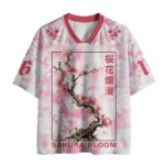 Front view of the sakura bloom mesh jersey featuring a pink floral design and loose fit.