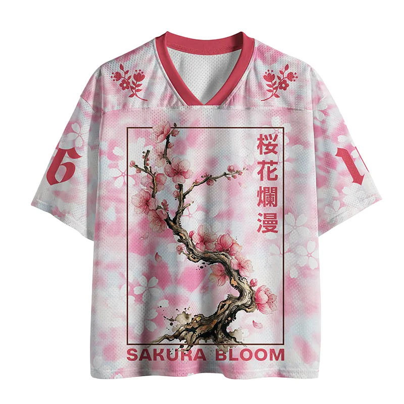 Sakura Bloom Mesh Jersey Front view of the sakura bloom mesh jersey featuring a pink floral design and loose fit.