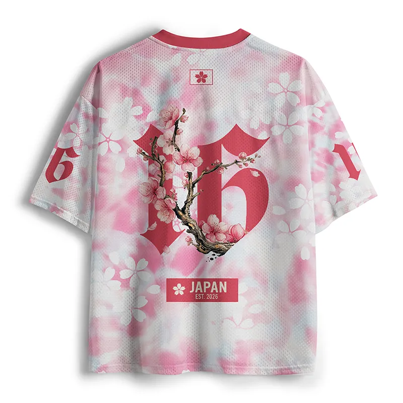 Sakura Bloom Mesh Jersey Back view of the sakura bloom mesh jersey showcasing vibrant cherry blossom graphics and sporty style.