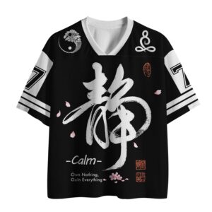 Front view of the Calm Is The Art Of Balance jersey in black, featuring unique designs and bold lettering.