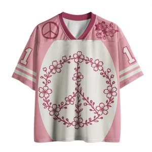 Front view of the peace mesh jersey in pink, featuring floral designs and a peace symbol.