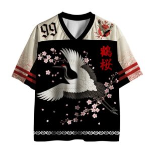 Front view of the crane and sakura mesh jersey showcasing vibrant crane design and cherry blossoms.