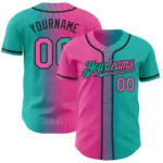 Front view of the aqua pink black baseball jersey showcasing vibrant colors and stylish design details.