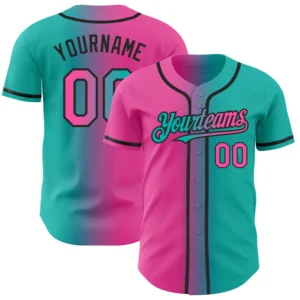 Front view of the aqua pink black baseball jersey showcasing vibrant colors and stylish design details.