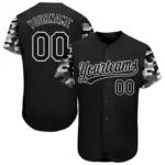 Front view of black camo 3D pattern design baseball jersey showcasing stylish button-up design.
