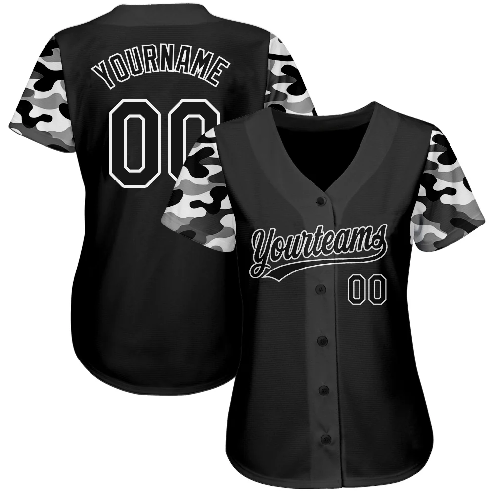Black Camo 3D Pattern Design Baseball Jersey Back view of black camo 3D pattern design baseball jersey featuring customizable name and number.