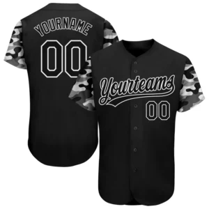 Front view of black camo 3D pattern design baseball jersey showcasing stylish button-up design.