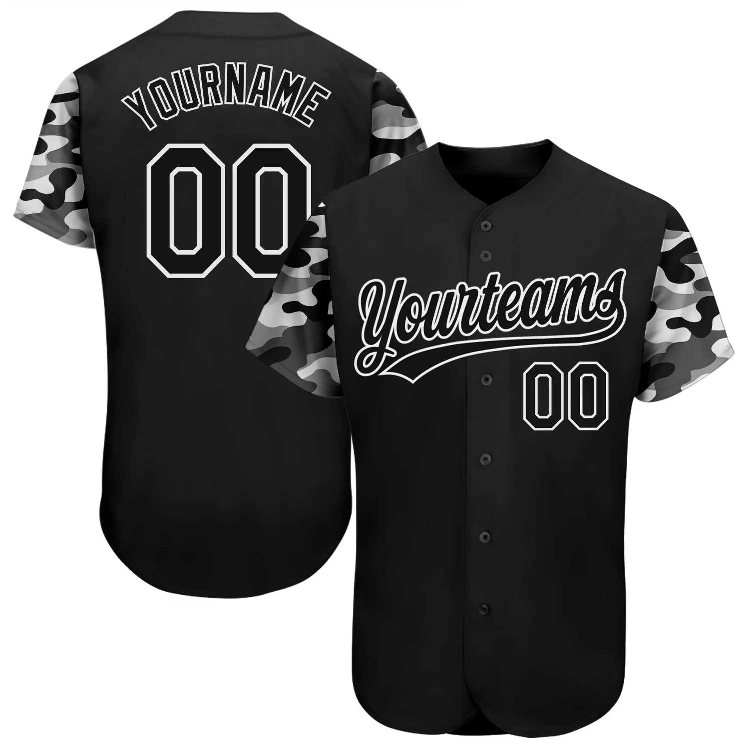 Black Camo 3D Pattern Design Baseball Jersey Front view of black camo 3D pattern design baseball jersey showcasing stylish button-up design.