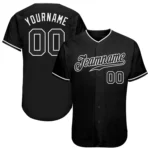 Front view of a custom black white authentic baseball jersey featuring team logo and player number.