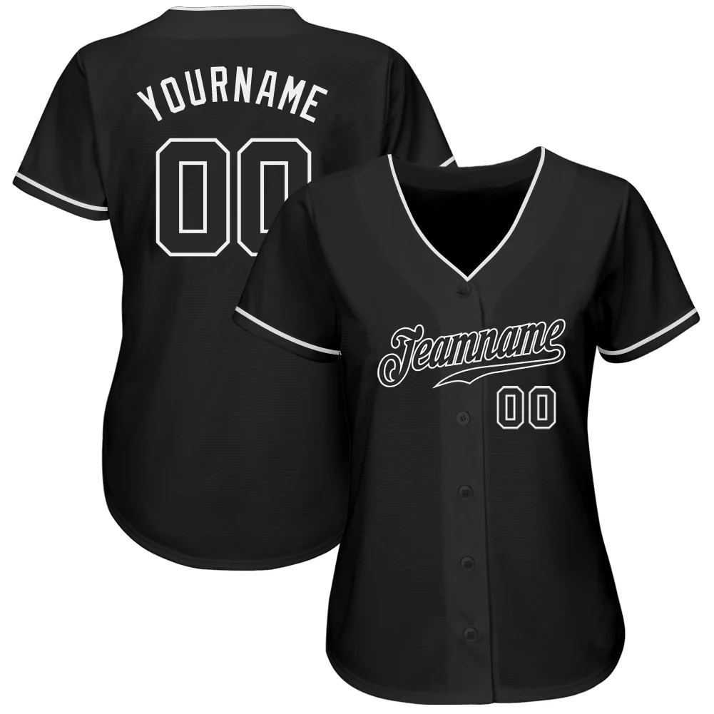Black White Authentic Baseball Jersey Back view showcasing the personalized name and number on the custom black white authentic baseball jersey.