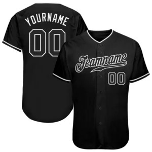 Front view of a custom black white authentic baseball jersey featuring team logo and player number.