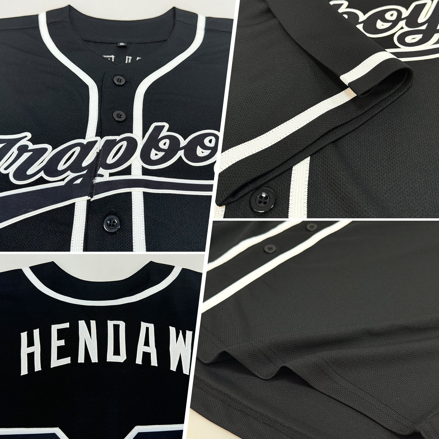 Black White Authentic Baseball Jersey Detailed view of the collar and buttons on the custom black white authentic baseball jersey, showcasing craftsmanship.