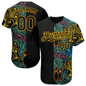 Custom black gold 3D pattern jersey featuring vibrant designs from the front view, perfect for bowling fun 3D pattern jersey.