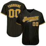 Front view of the black gold pinstripe baseball jersey showcasing the team name and number.