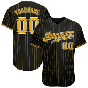 Front view of the black gold pinstripe baseball jersey showcasing the team name and number.