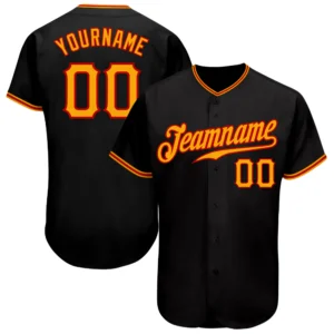 Front view of the black gold red authentic baseball jersey showcasing vibrant team name and number.