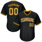 Front view of the custom black throwback rib knit baseball jersey featuring bold yellow team graphics.