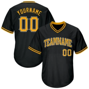 Front view of the custom black throwback rib knit baseball jersey featuring bold yellow team graphics.