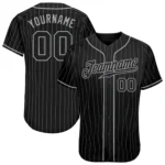 Front view of the custom black gray pinstripe baseball jersey showcasing its sleek design and button closure.