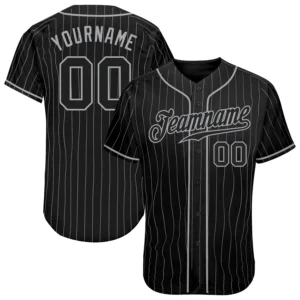 Front view of the custom black gray pinstripe baseball jersey showcasing its sleek design and button closure.