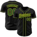 Front view of the black green gold baseball jersey with stylish team logo and bold number design.