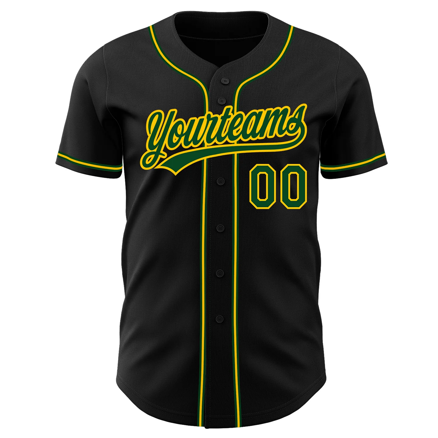 Black Green Gold Baseball Jersey Back view of the black green gold baseball jersey featuring customizable name and number for personal flair.