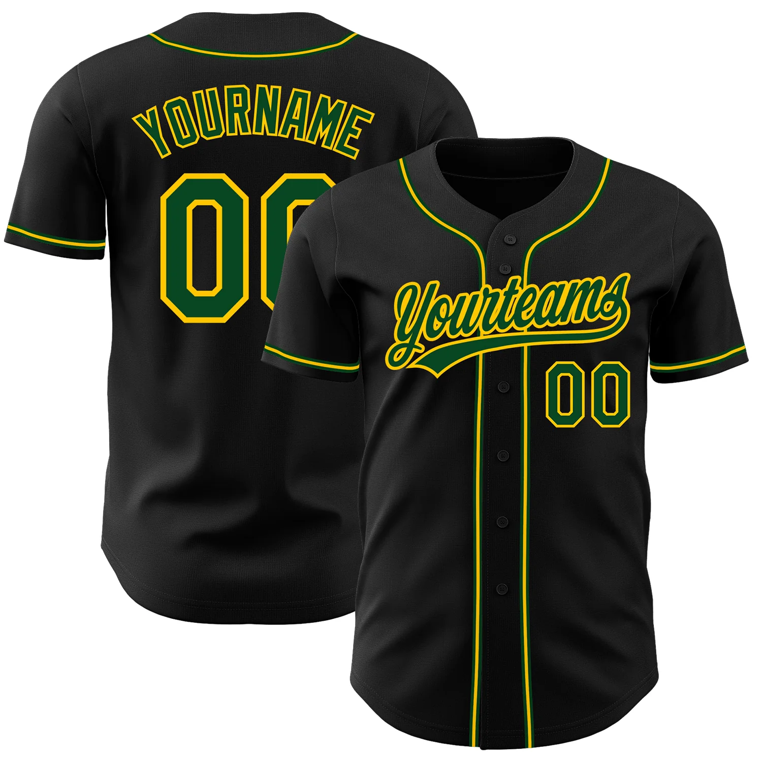 Black Green Gold Baseball Jersey Front view of the black green gold baseball jersey with stylish team logo and bold number design.