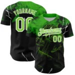 Front view of the black neon green dinosaur baseball jersey showcasing vibrant 3D pattern design.