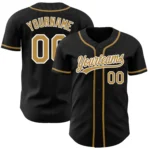 Front view of the black old gold white baseball jersey showcasing stylish design and team name.