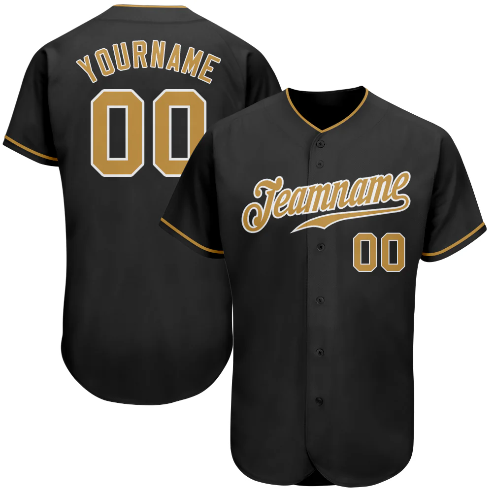 Black Old Gold White Authentic Baseball Jersey Close-up of the black old gold white baseball jersey's buttons and collar, emphasizing premium materials.