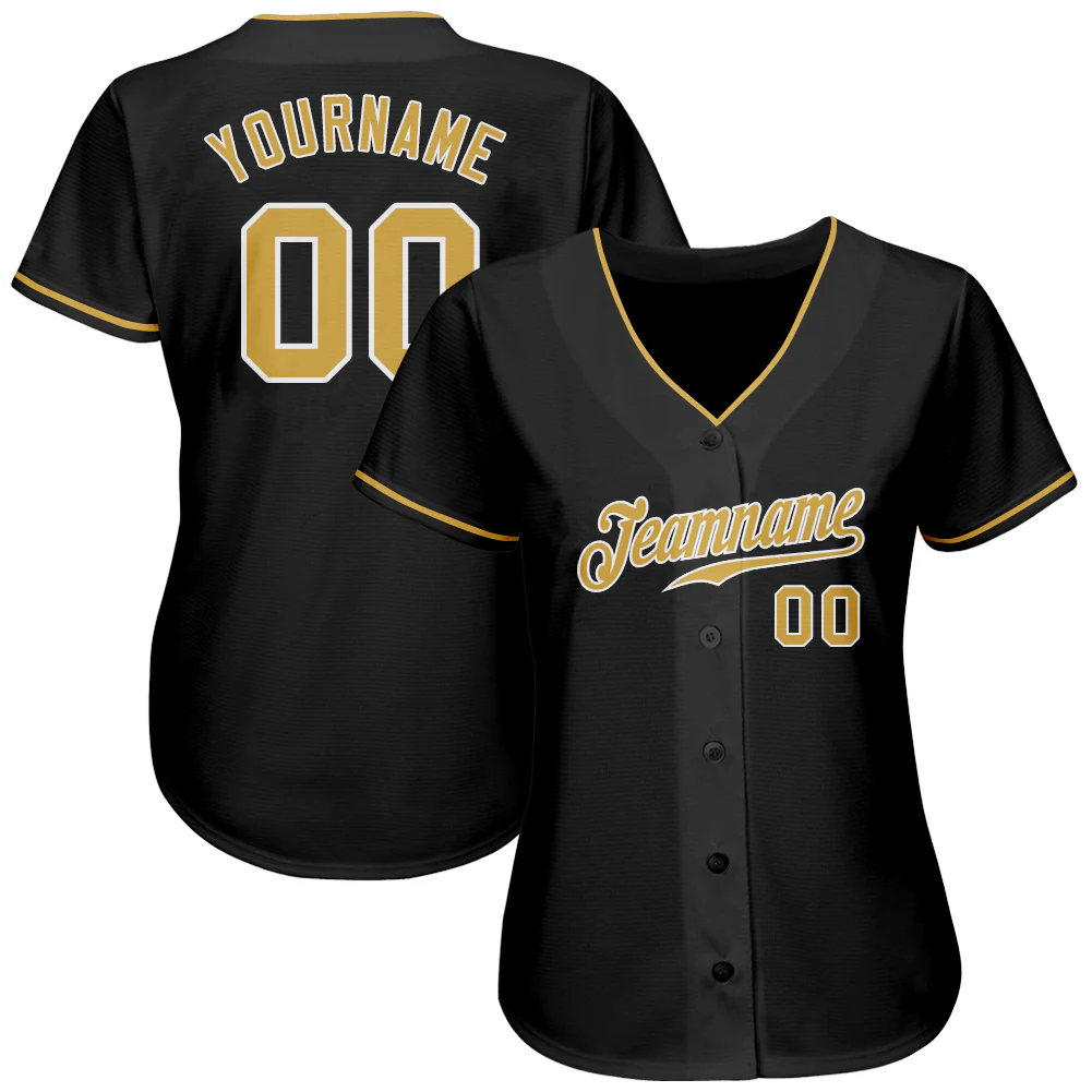 Black Old Gold White Authentic Baseball Jersey Action shot of a player in the black old gold white baseball jersey hitting a home run during a game.