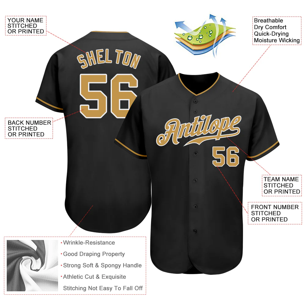Black Old Gold White Authentic Baseball Jersey Flat lay of the black old gold white baseball jersey with accessories, perfect for game day styling.